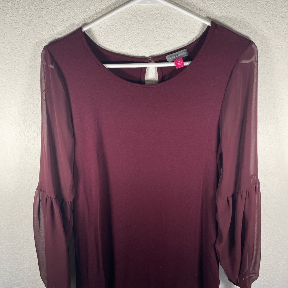 Vince Camuto Burgundy Blouse with Sheer Bell Sleeves and Key Hole - Picture 2 of 7